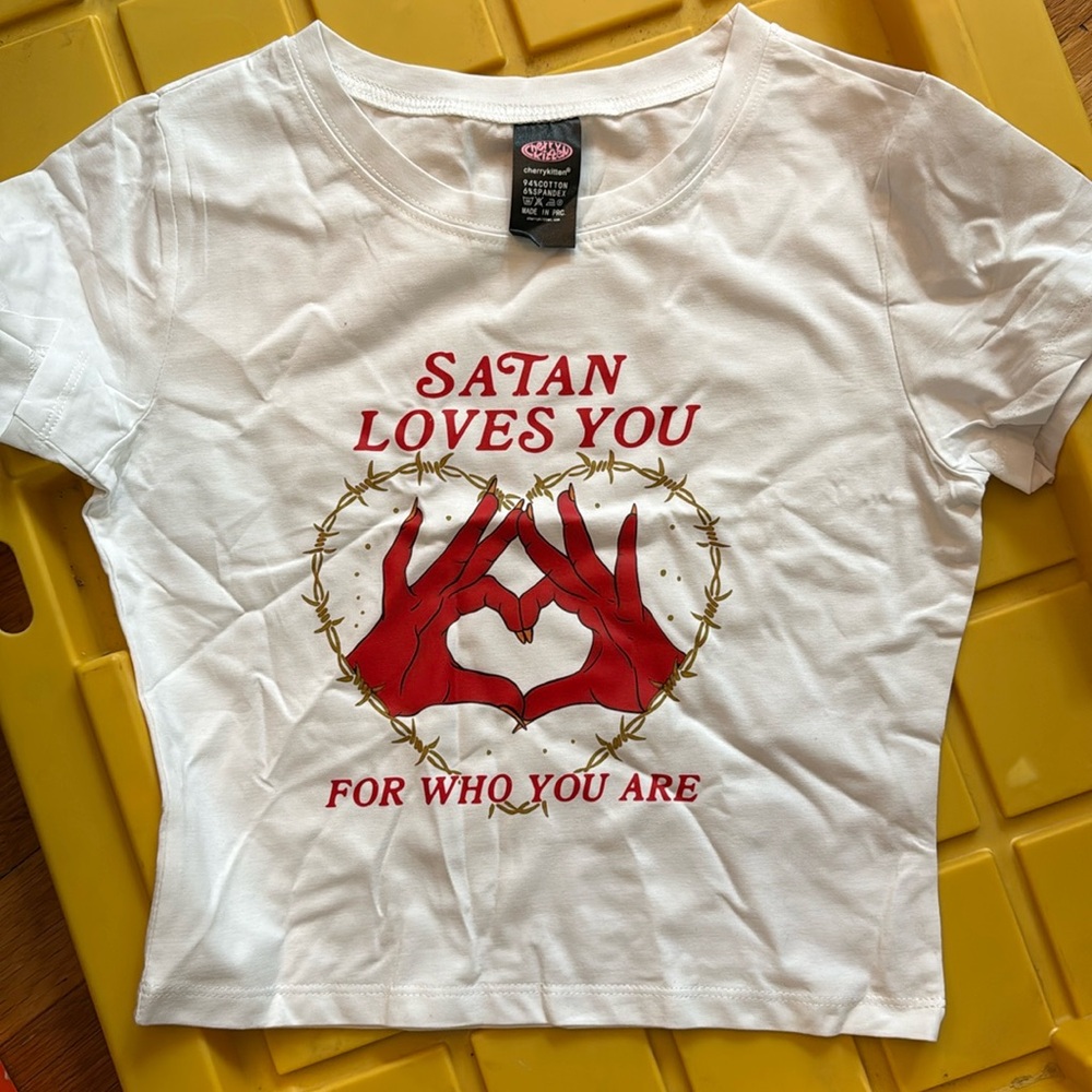 Never worn white Cherry Kitten tee shirt super tight “Satan Loves You…